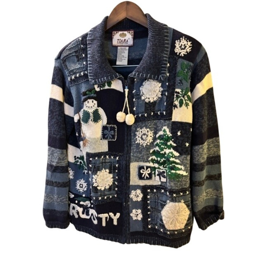Vintage Tiara International Christmas Cardigan Blue Snowman Tree Full Zip Small